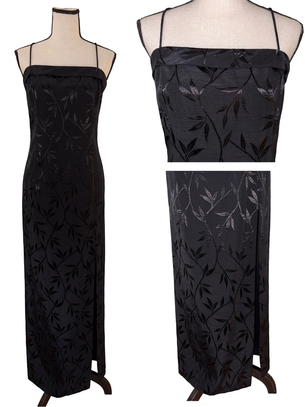 Vintage J.R. Nites by Caliendo Black Tonal Floral Jacquard Maxi Dress